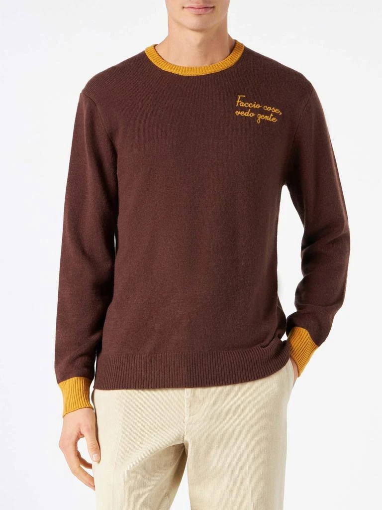 Mc2 Saint Barth Man Brown Sweater With Faccio Cose, Vedo Gente Embroidery 1