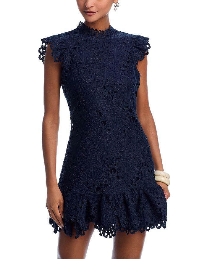 Aqua Floral Lace Mock Neck Mini Dress -Exclusive - Black - S