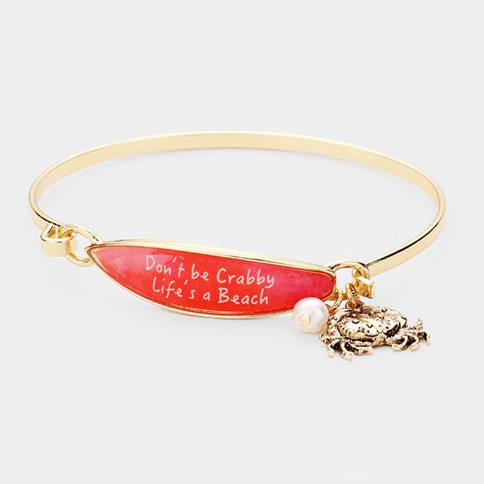 FASHNZFAB Don't be Crabby Life's a Beach Crab Charm Surfboard Hook Bracelet Antique Gold, Red