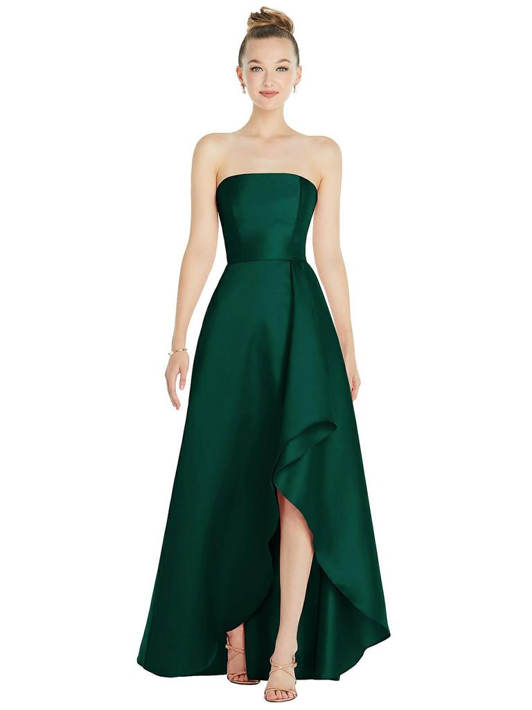 Alfred Sung Strapless Satin Gown with Draped Front Slit and Pockets