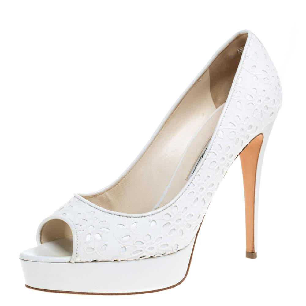 Brian Atwood Brian Atwood White Floral Embroidered Fabric Peep Toe Platform Pumps Size 39.5