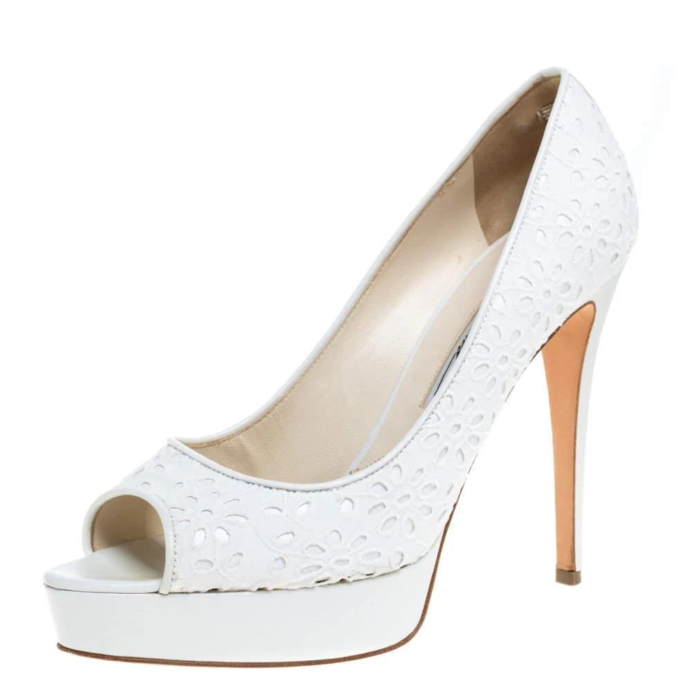Brian Atwood Brian Atwood White Floral Embroidered Fabric Peep Toe Platform Pumps Size 39.5 1