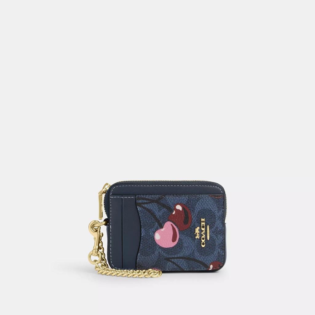 Coach Zip Card Case In Signature Canvas With Cherry Print