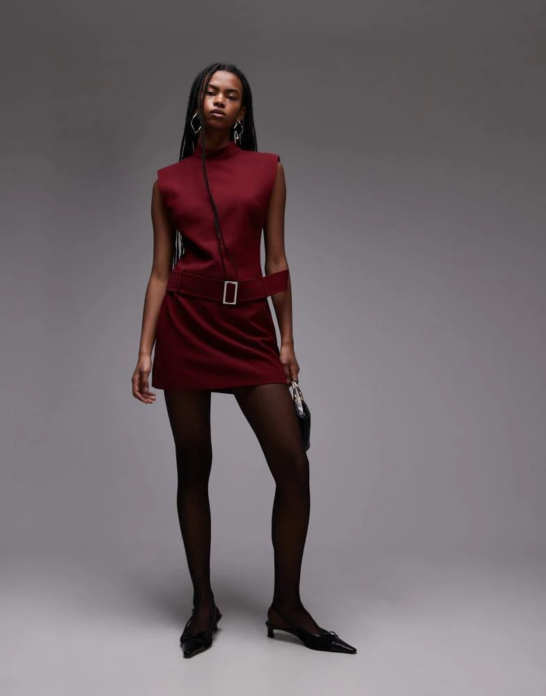 Mango Mango high neck belted mini dress in dark red 1