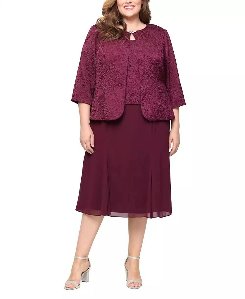 alex evenings jacquard jacket dress Alex Evenings Plus Tea-Length Jacket Dress in Jacquard & Chiffon NAVY / 18W main image 1