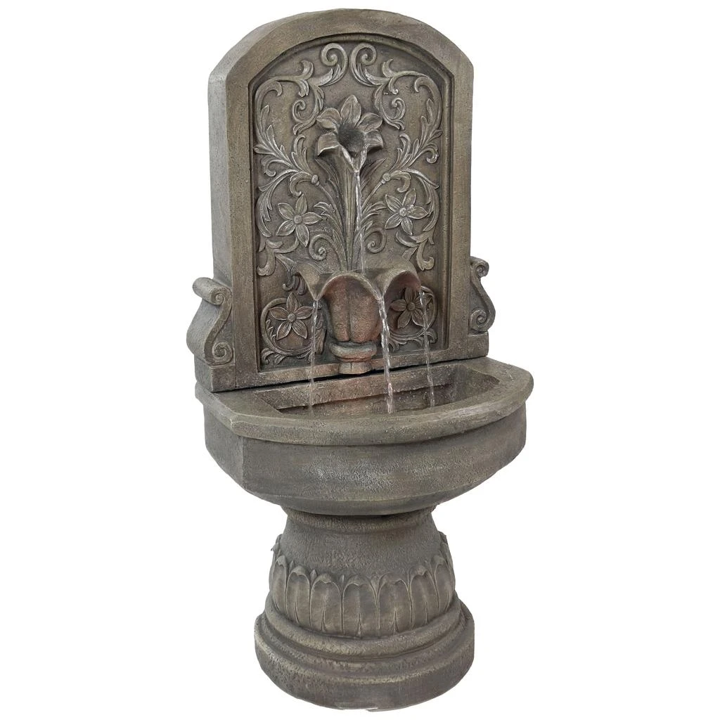 Sunnydaze Lovely Lily Polyresin Flat Back Pedestal Outdoor Wall Fountain for the Patio, Deck, or Yard - 37.5" - Gray 1