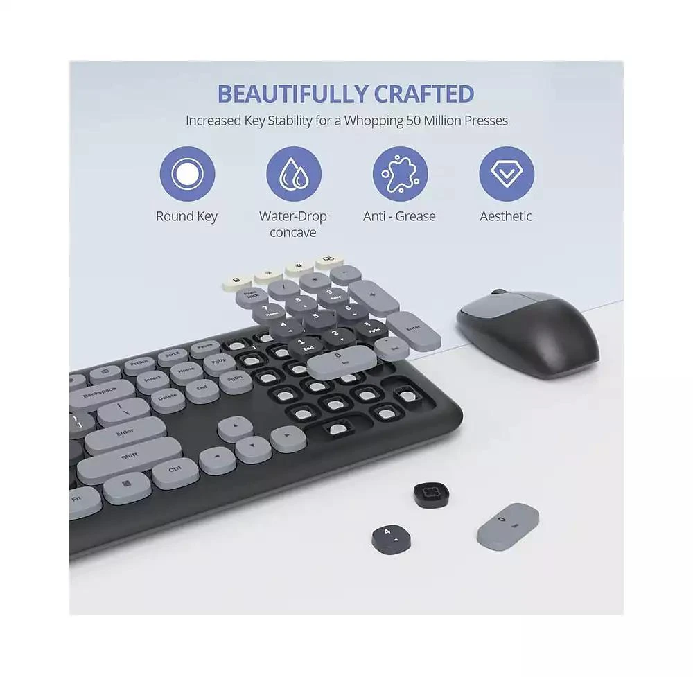 risokeys Cute Keyboard and Mouse Wireless Silent, Full-Size Retro Typewriter Wireless Quiet Slim Keyboard Low-Noise 2.4GHz for Computer, Desktop, Laptop(Grey) 3