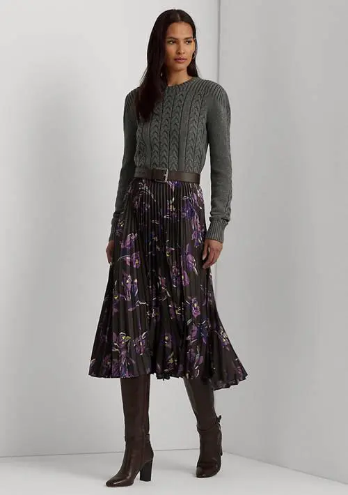 Ralph Lauren Petite Floral Pleated Satin Charmeuse Skirt 4
