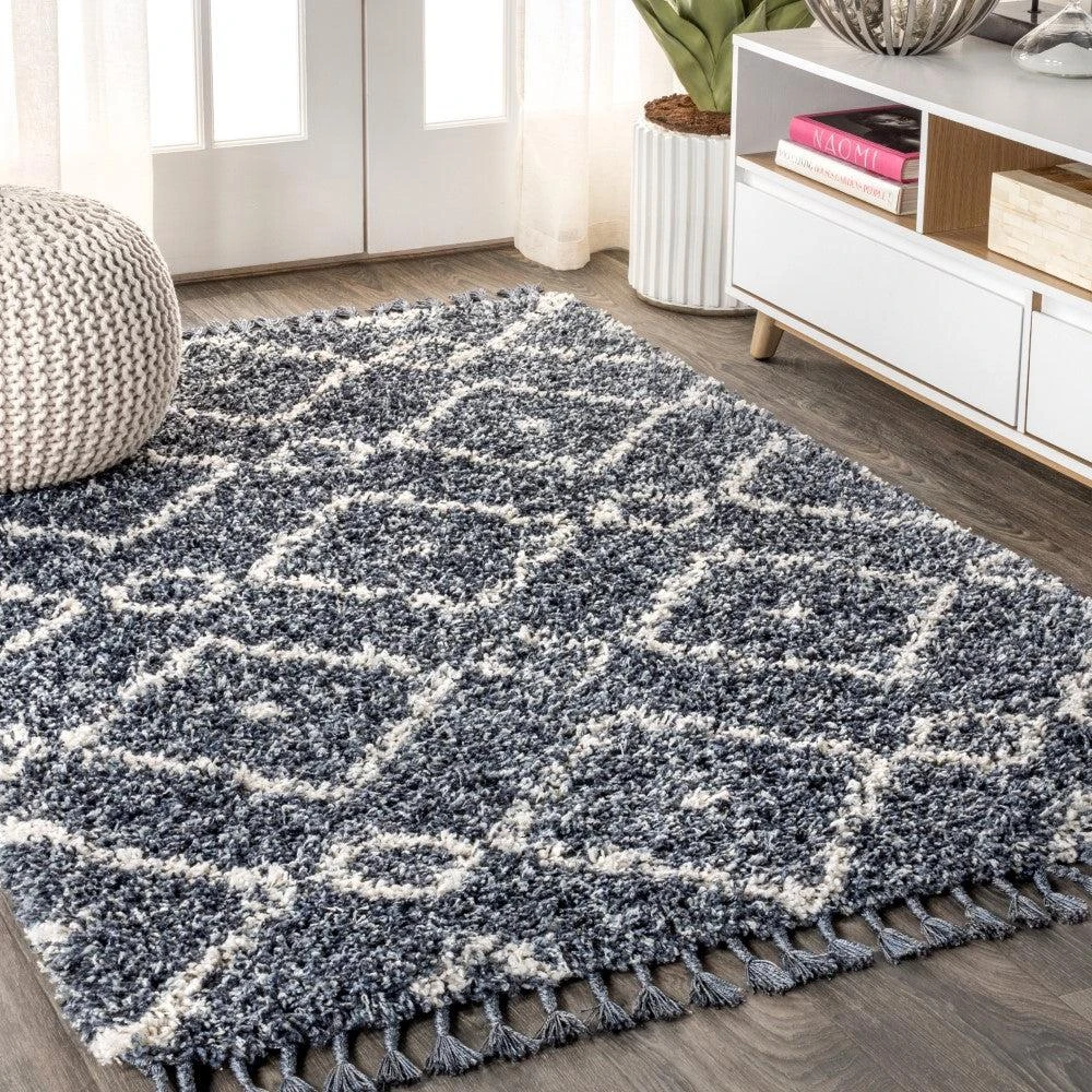 JONATHAN Y Mercer Shag Plush Tassel Moroccan Diamond Area Rug 1