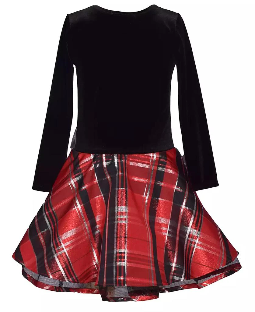 Bonnie Jean Little Girls Long Sleeved Stretch Velvet Top to Plaid Hipster with Exposed Crinoline and Side bow 2