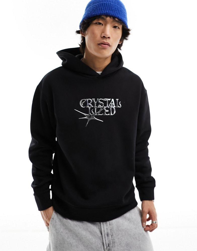 Bershka Bershka metallic front printed hoodie in black