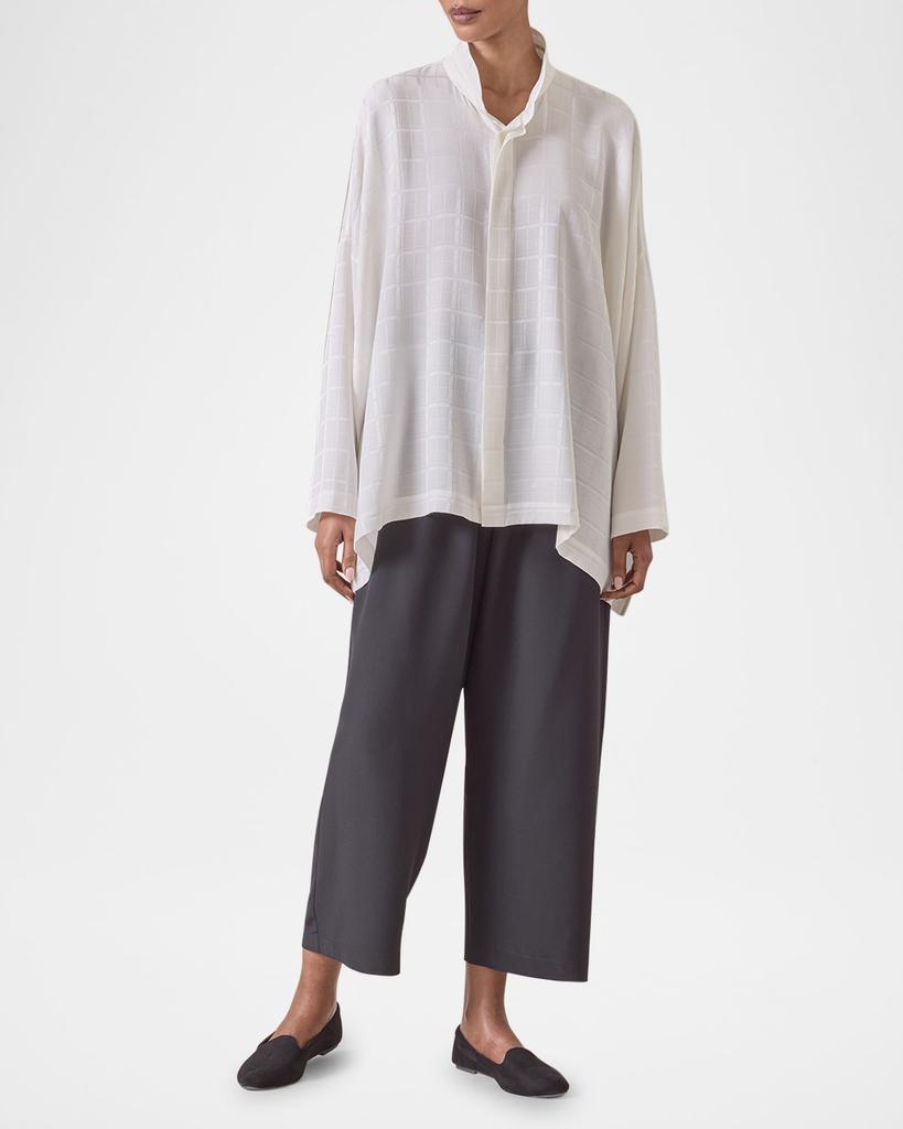 Eskandar Satin Box Check Jacquard Wide Longer-Back Double-Stand Collar Shirt (Mid Plus Length)