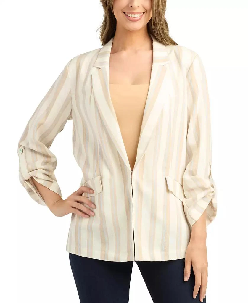BCX Juniors' Cotton Striped Roll-Tab Kiss-Front Blazer 1