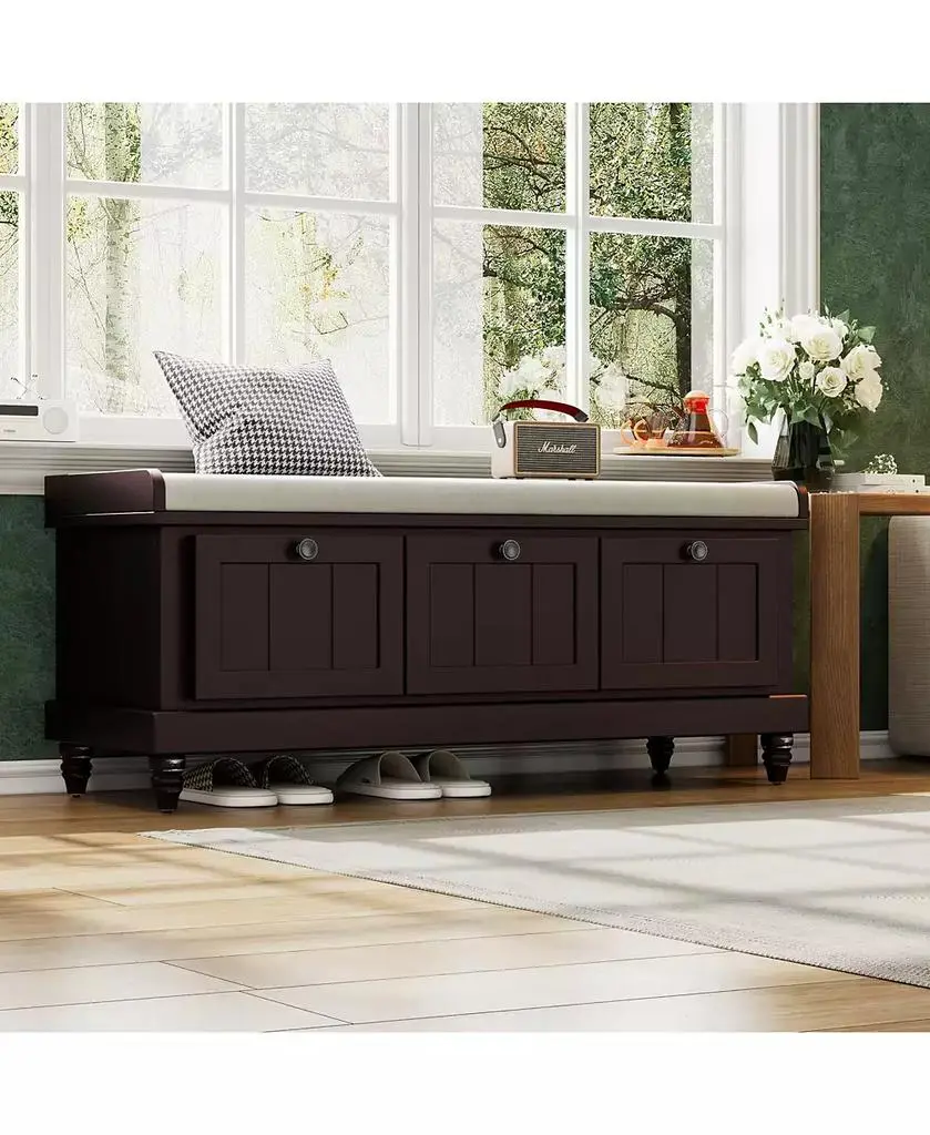 RAINSKEN Shoe Bench - Fluted Entryway Storage Bench with Cushion, 3 Drawers and Hidden Compartment for Hallway, Living Room