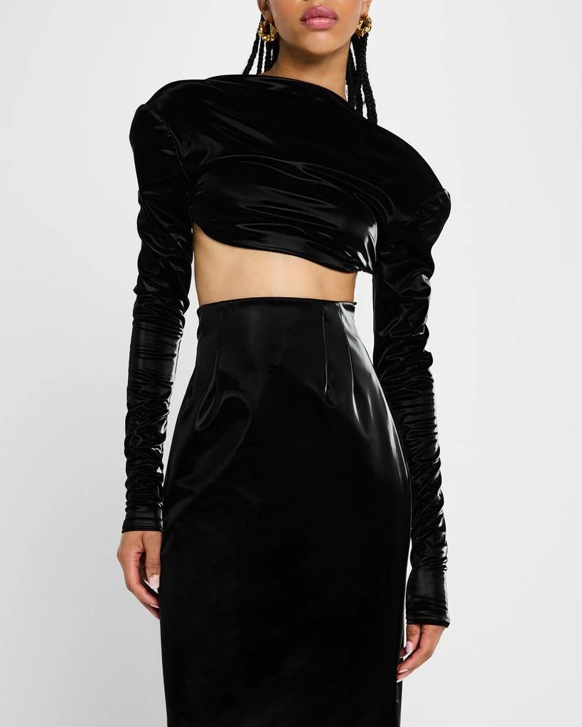 LaQuan Smith Portrait-Neck Long-Sleeve Backless Crop Top 4