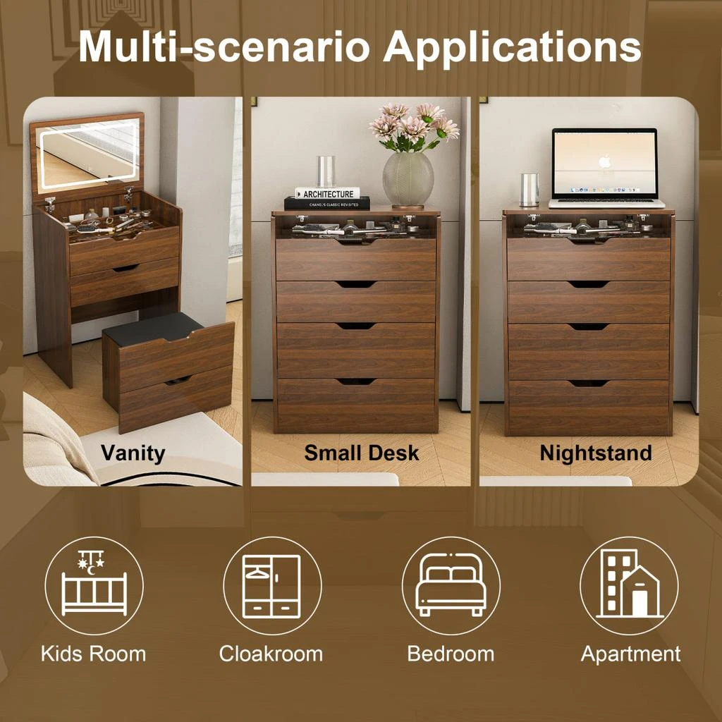 Streamdale Furniture Streamdale 3-in-1 Vanity Desk with Lighted Mirror 
Stool, Flip Top Makeup Dressing Table (Walnut) 4