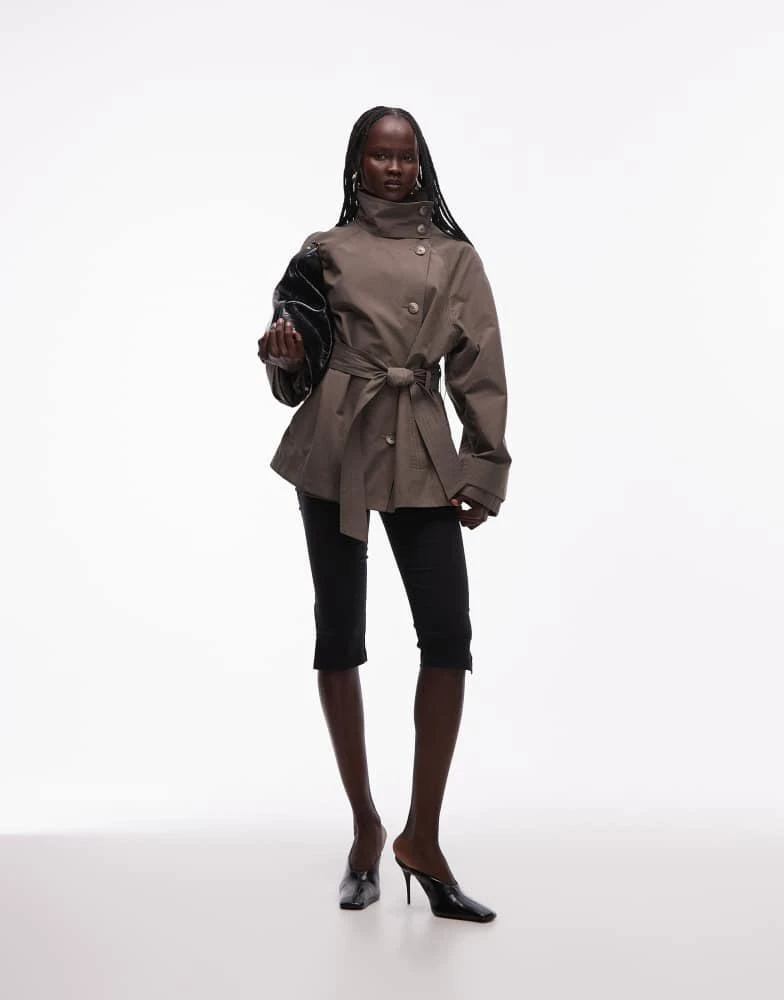 ASOS ASOS DESIGN funnel neck tie belt trench coat in mushroom 2