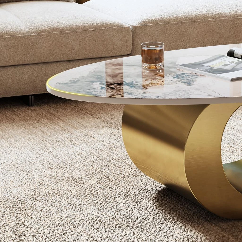 Streamdale Furniture Streamdale 49" Faux Marble Oval Coffee Table, Gold Base 6