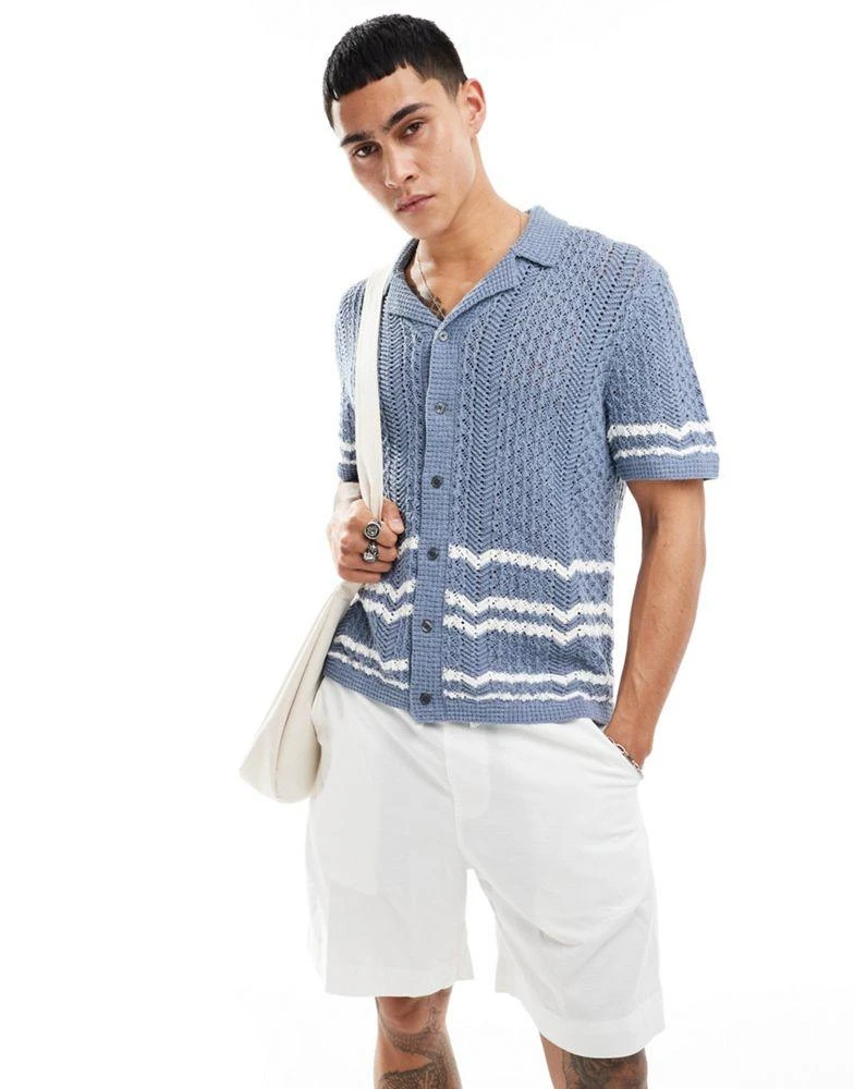 Abercrombie & Fitch Abercrombie & Fitch buttonthrough open stitch stripe knit polo in mid blue/white 1