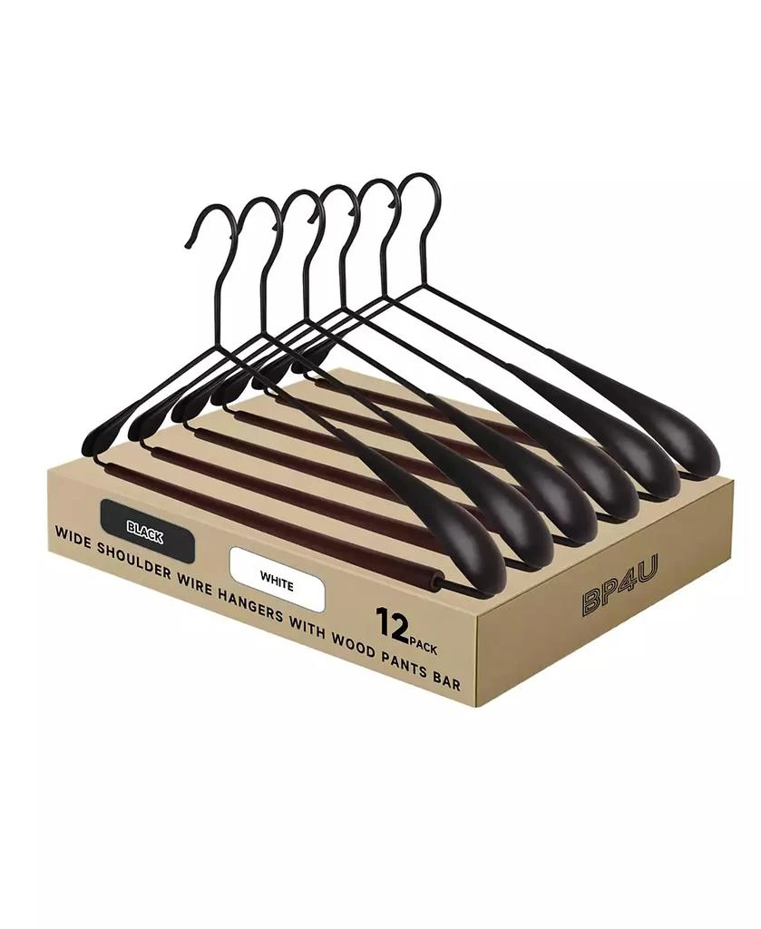 BP4U ASUS 24-Pack Heavy Duty Metal Wide Shoulder Suit Hangers with Pants Bar, Welded Coat Hangers with Beech Wood Trouser Bar