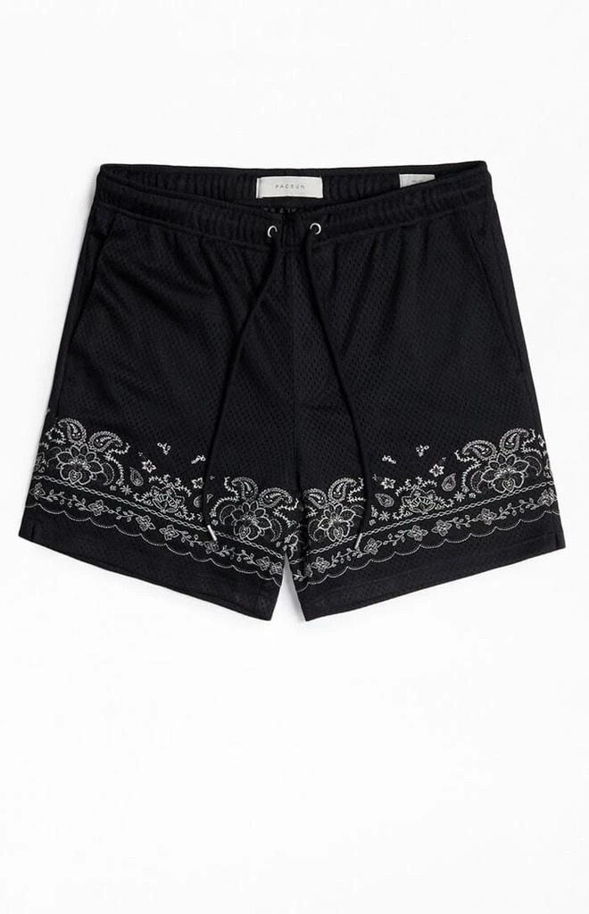 PacSun Black Aaron Paisley Embroidered Mesh Volley Shorts 1
