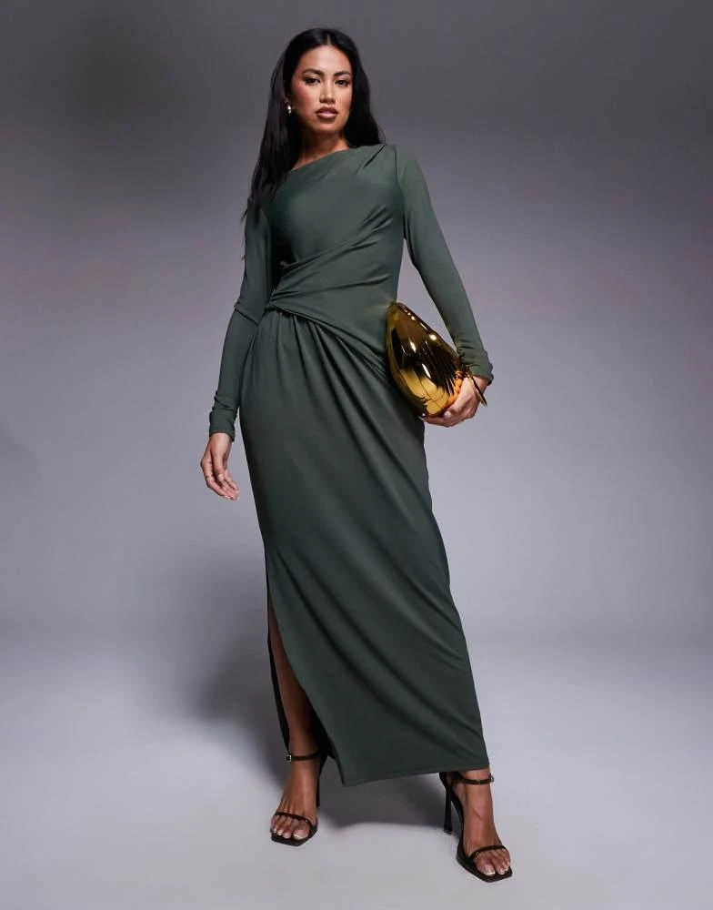 ASOS ASOS DESIGN soft touch long sleeve drape maxi dress in khaki