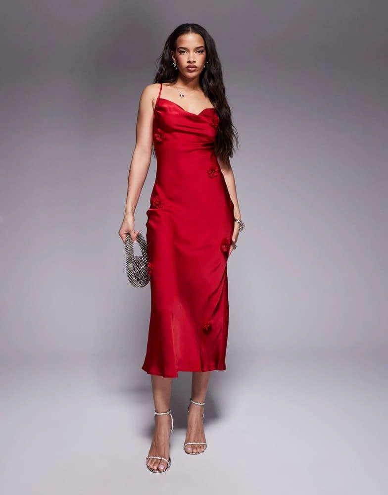 New Look New Look corsage detail satin slip midi dress in red 1