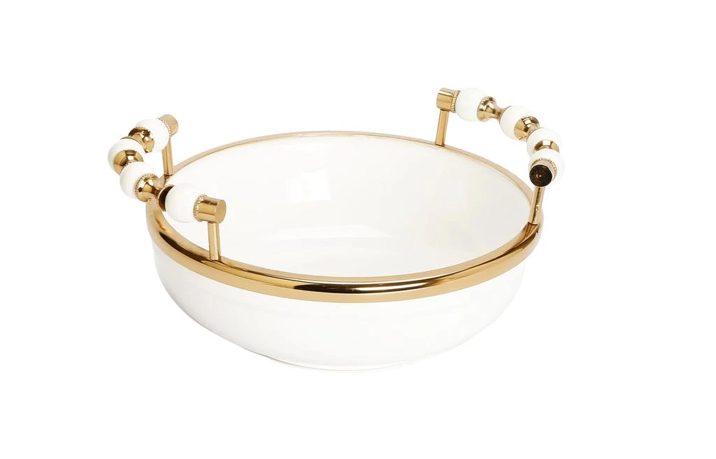 Classic Touch Decor White Round Bowl with Two Gold and White Beaded Design Handles 10"D 4