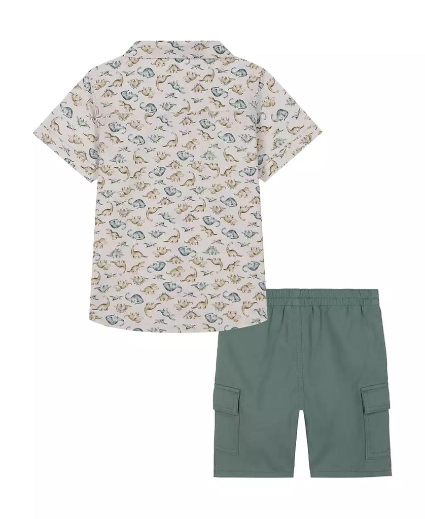 KIDS HEADQUARTERS Toddler and Little Boys Short Sleeve Fish Print Poplin Shirt and Twill Shorts, 2-Piece Set
