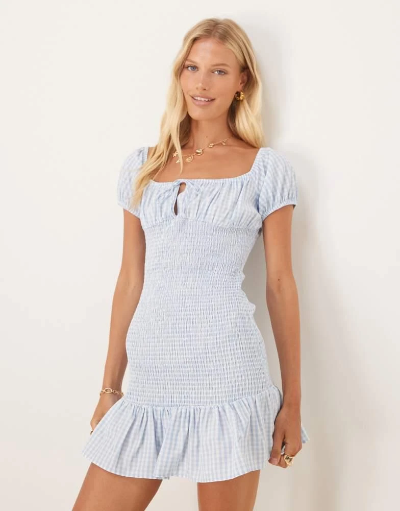 ASOS ASOS DESIGN off shoulder mini dress with shirring body in blue gingham 4