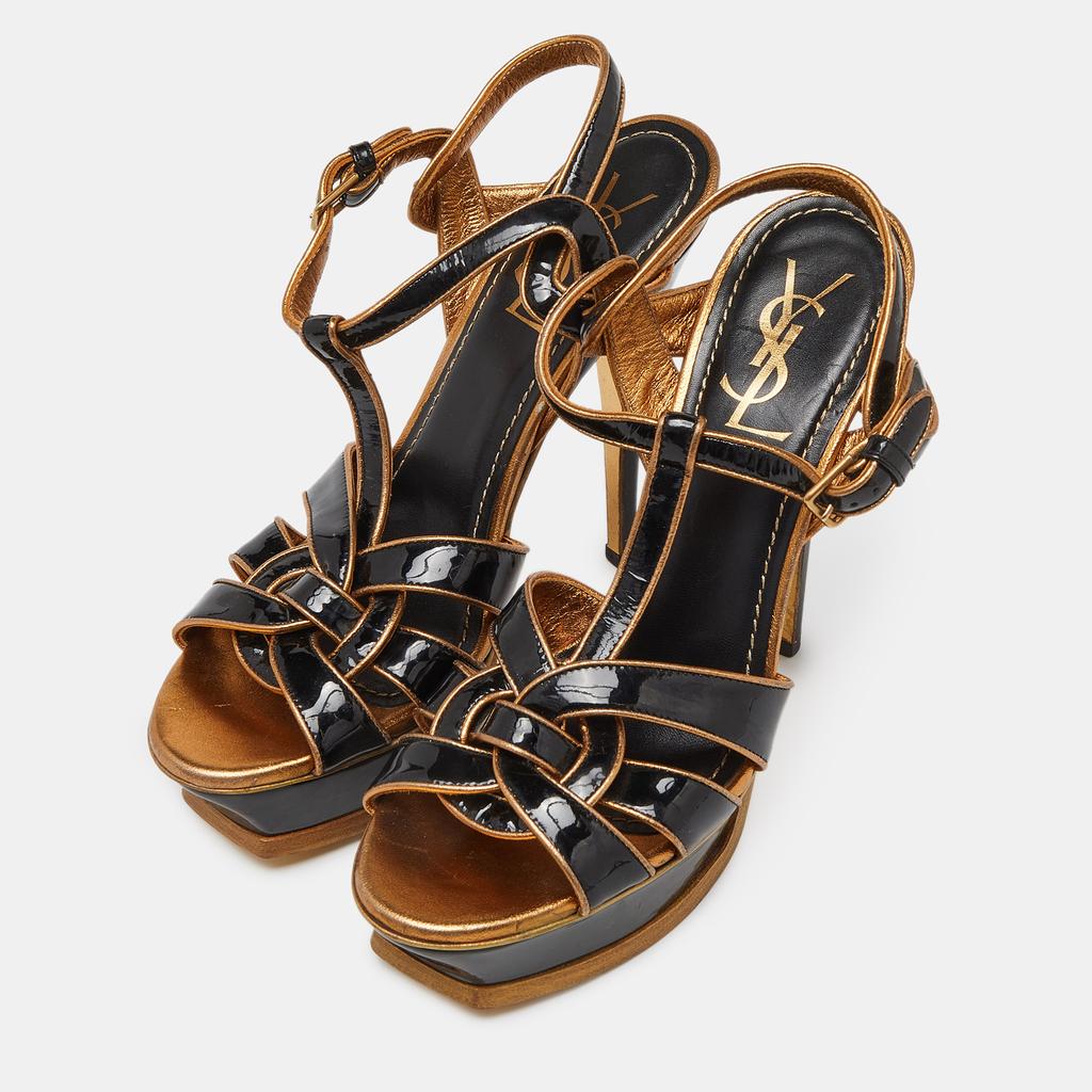 Yves Saint Laurent Yves Saint Laurent Black/Gold Patent Leather Tribute Platform Ankle Strap Sandals Size 39