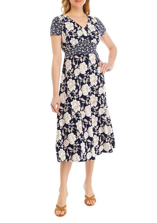 Perceptions Womens Short Sleeve V Neck Floral Print Fit And Flare Dress 1
