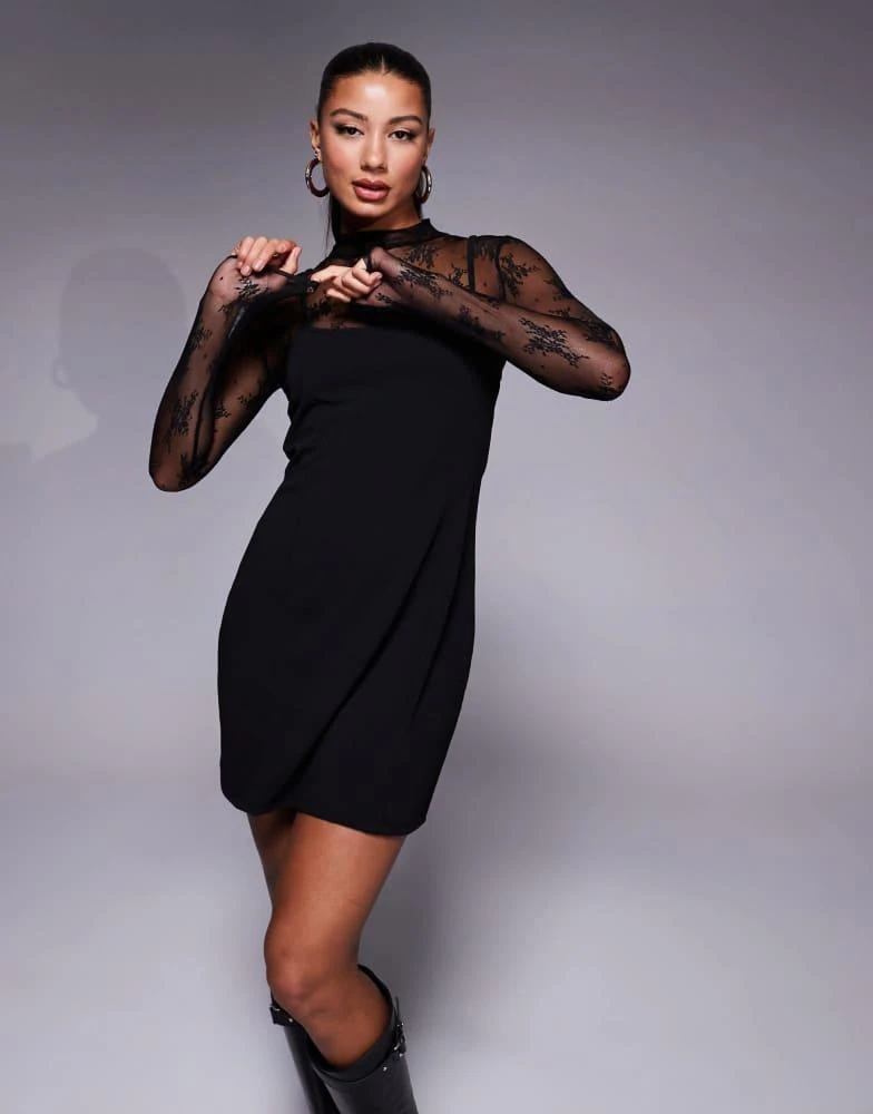 ASOS ASOS DESIGN 2 in 1 Lace layered scuba slip mini dress in black 1