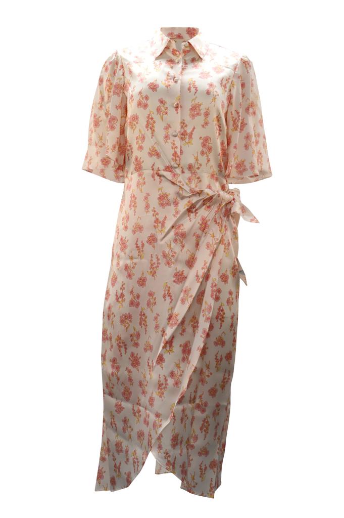 LES RÊVERIES Floral Print Wrap Midi Dress in White Silk