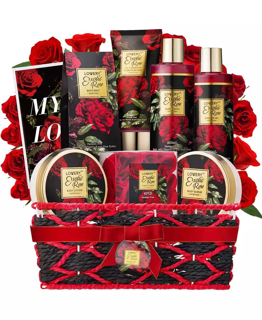 Lovery Exotic Rose Spa Gift Basket, Self Care Gift, Bath and Body Care Gift Set, Relaxing Stress Relief Gift, 13 Piece 1