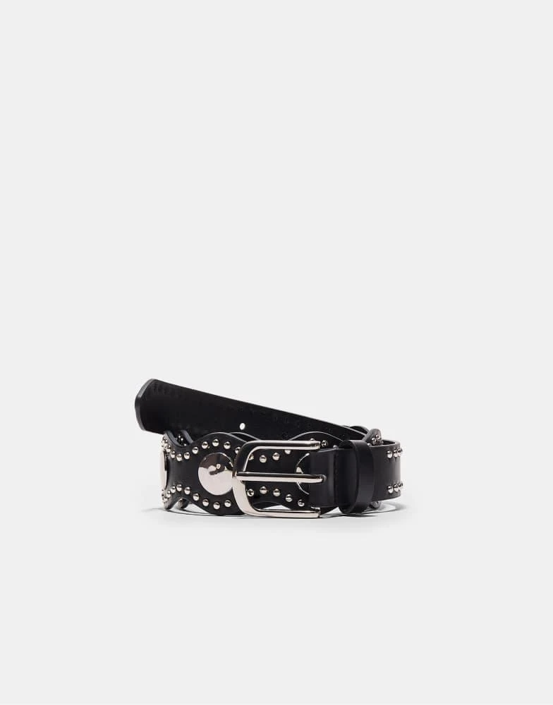 Stradivarius Stradivarius Wavy belt with coins and studs in black 4
