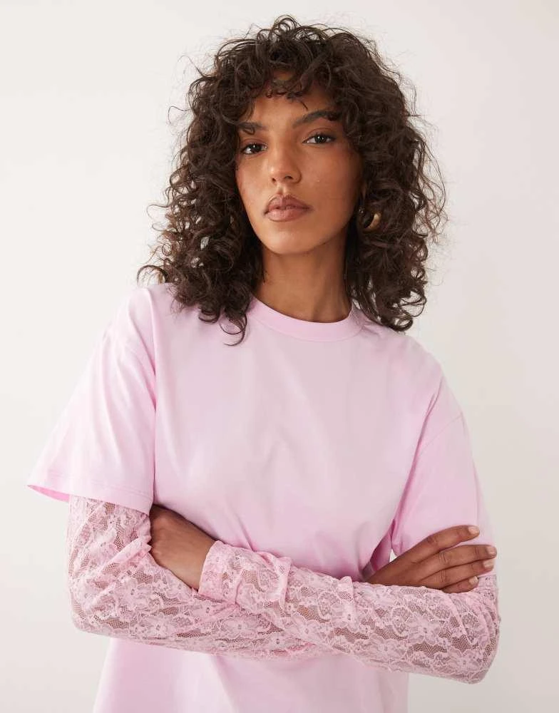 Miss Selfridge Miss Selfridge oversized tshirt with lace sleeve in pink