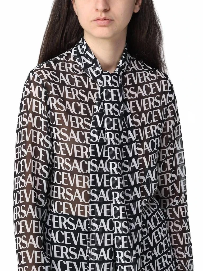 Versace All-Over Logo Bow Strap Silk Blouse In Black/white 4