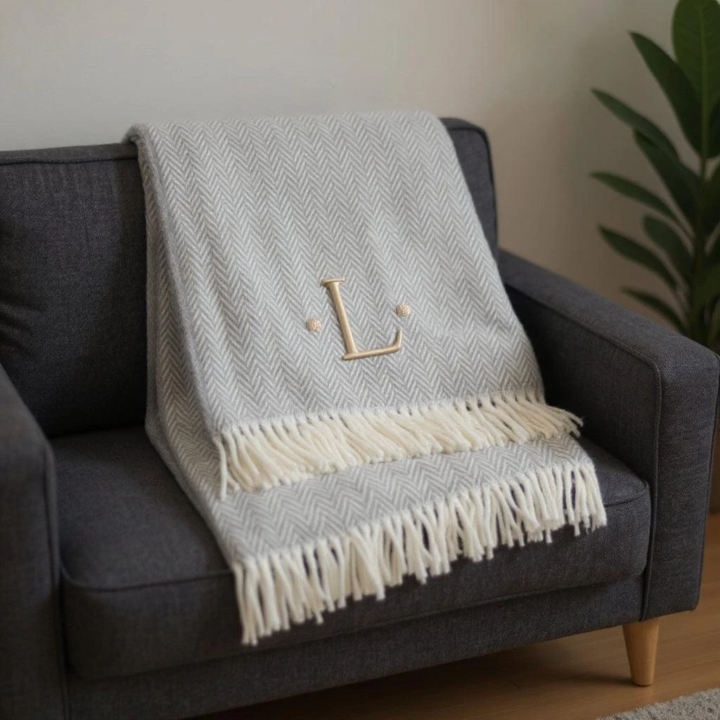 Hivvago 55" X 70" Gray And White Herringbone Cotton Blend L Initial Throw Blanket with Tassels And Embroidery 2