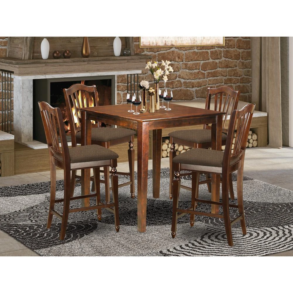 East West Furniture VNCH5-MAH-C 5 PC counter height set-pub Table and 4 Kitchen Chairs. 2
