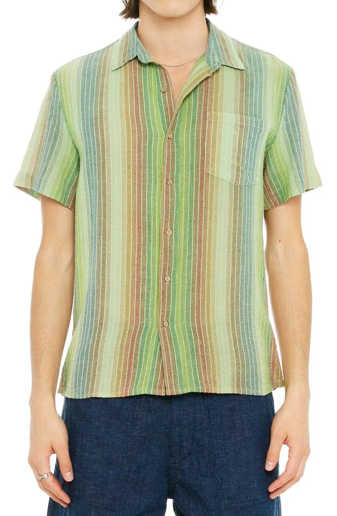 Raga Stripe Short Sleeve Cotton Button-Up Shirt