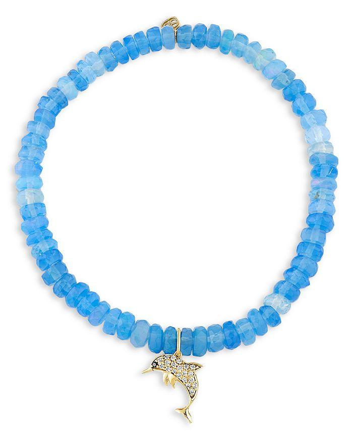 Sydney Evan 14K Yellow Gold Diamond Dolphin Charm Ethiopian Opal Beaded Stretch Bracelet