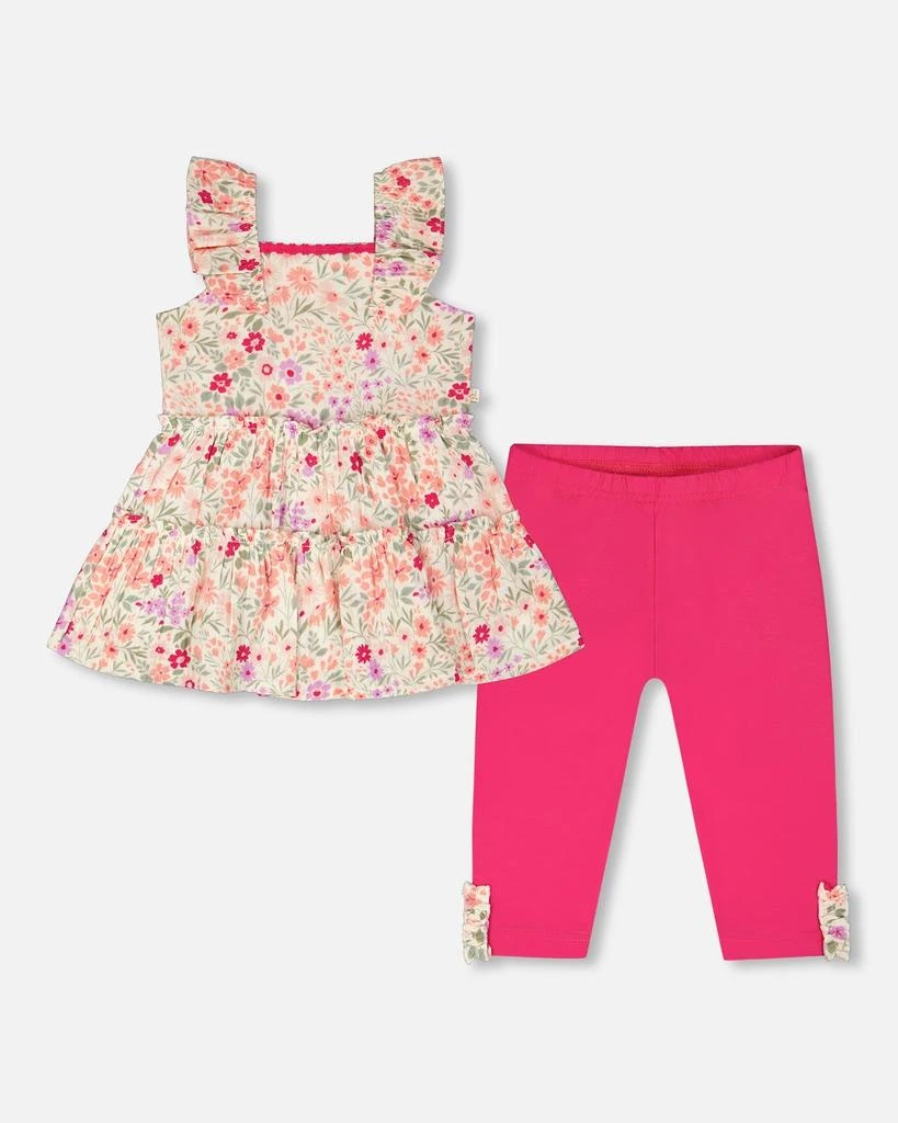 Deux par Deux Tunic and Organic Cotton Capri Set Off White Printed Flowers and Pink