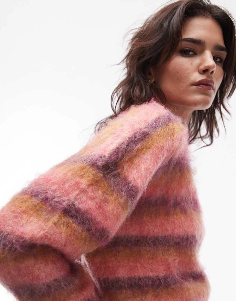 Topshop Topshop knitted ultra fluffy relaxed jumper in pink ochre and purple stripe 4
