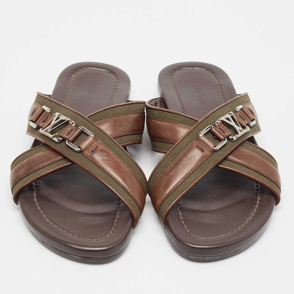 Louis Vuitton Louis Vuitton Brown/Green Leather and Canvas Flat Slides Size 42.5 3