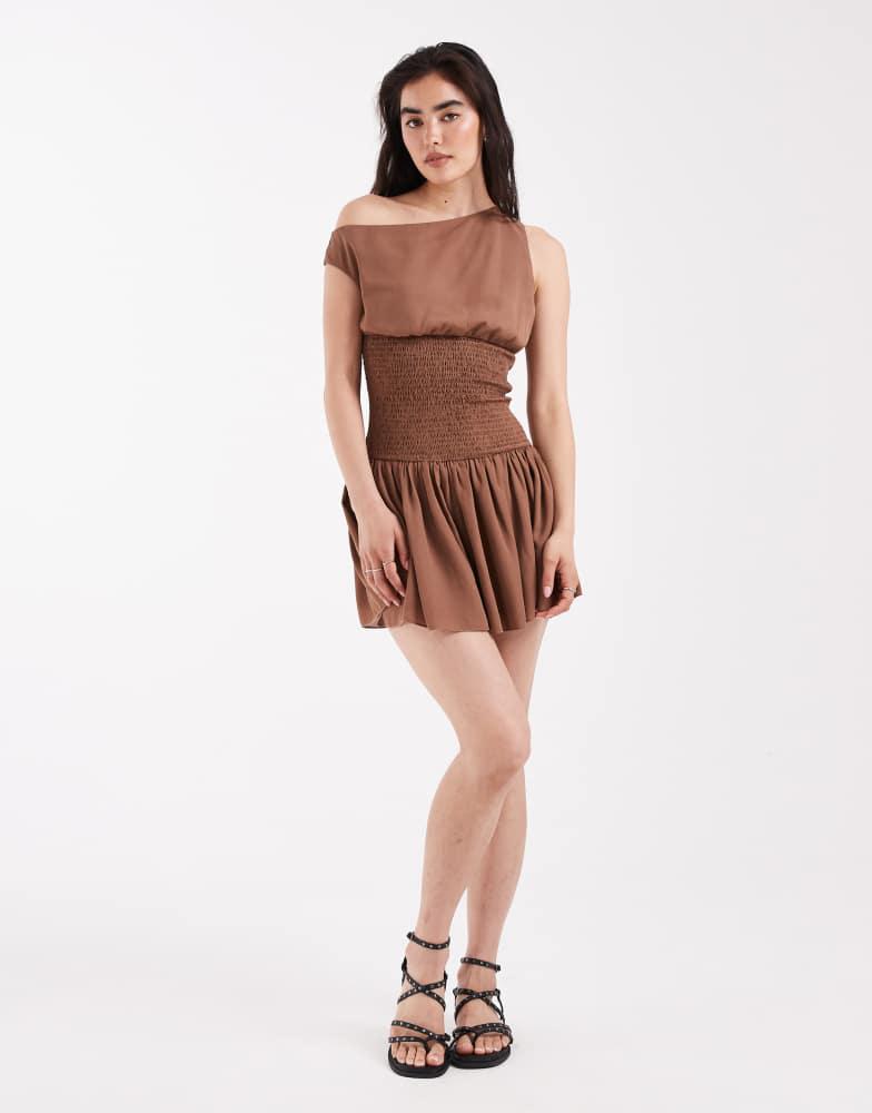 Daisy Street Daisy Street off the shoulder boho georgette shirred detail mini dress in brown