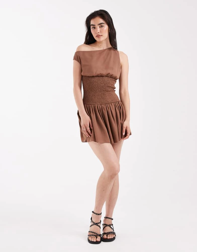 Daisy Street Daisy Street off the shoulder boho georgette shirred detail mini dress in brown 2
