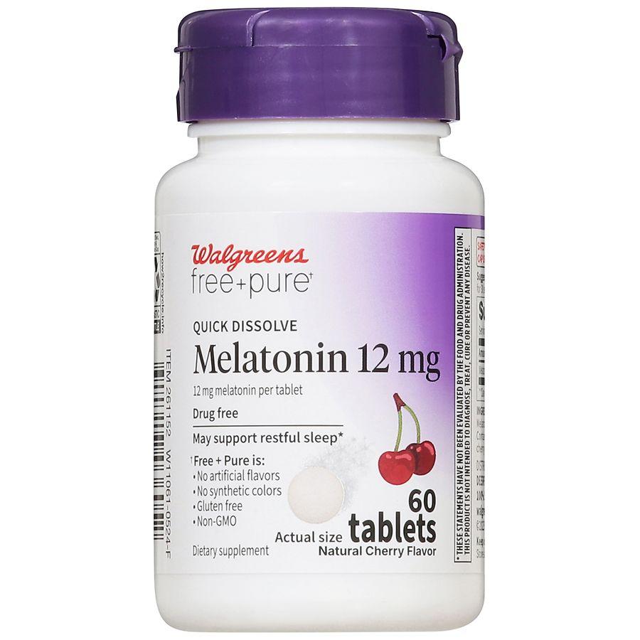 Walgreens Free & Pure Quick Dissolve Melatonin 12 mg Tablets Cherry