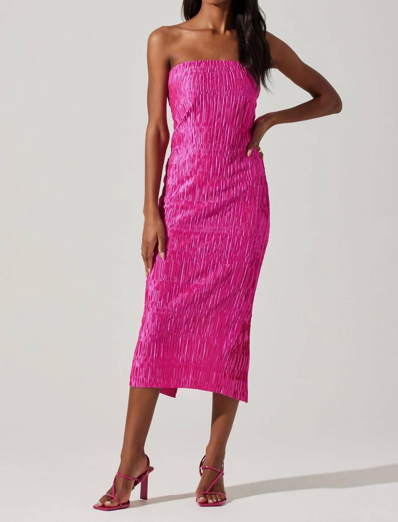 ASTR Reine Plisse Strapless Midi Dress In Fuchsia