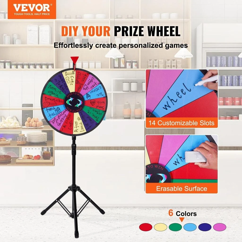 VVOR 18 inch Spinning Prize Wheel, 14 Slots Spinning Wheel with Height Adjustable Stand, Roulette Wheel with a Dry Erase, and a Storage Bag, Win Fortune Spin Games in Party Pub Trade Show Carnival 2